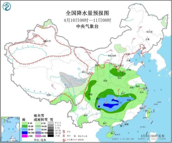 图3 全国降水量预报图(4月10日08时-11日08时) 冷空气影响华北地区 西南地区东部江南等地将有较强降水